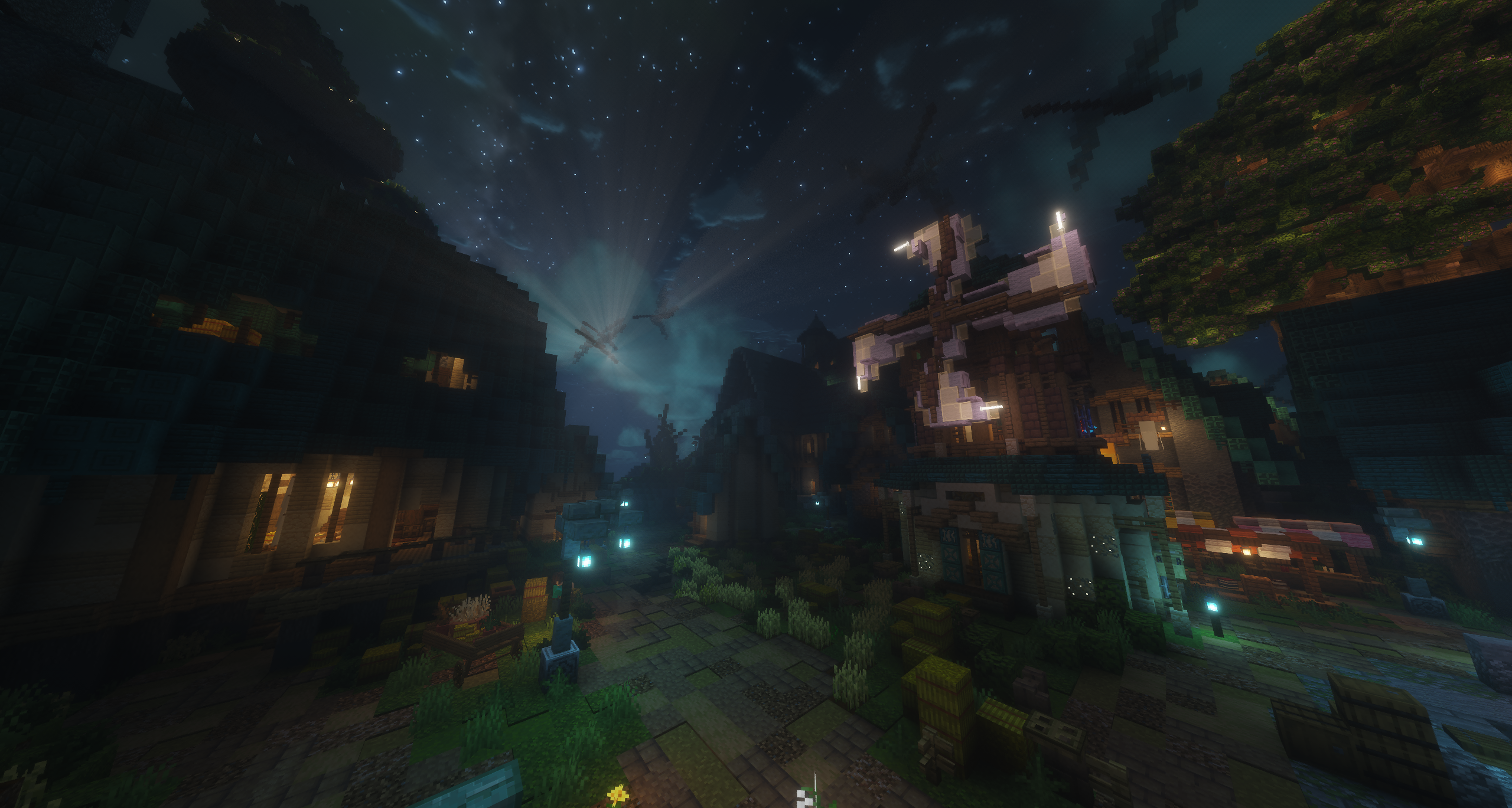 Nächtliche Minecraft-Bauten unter einem Sternenhimmel